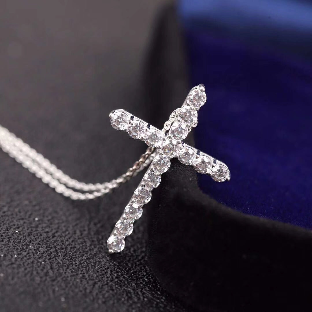 [Corinne]MOISSANITE STONE CROSS PENDANT NECKLACE SIMULATED DIAMOND CROSS CHOKER