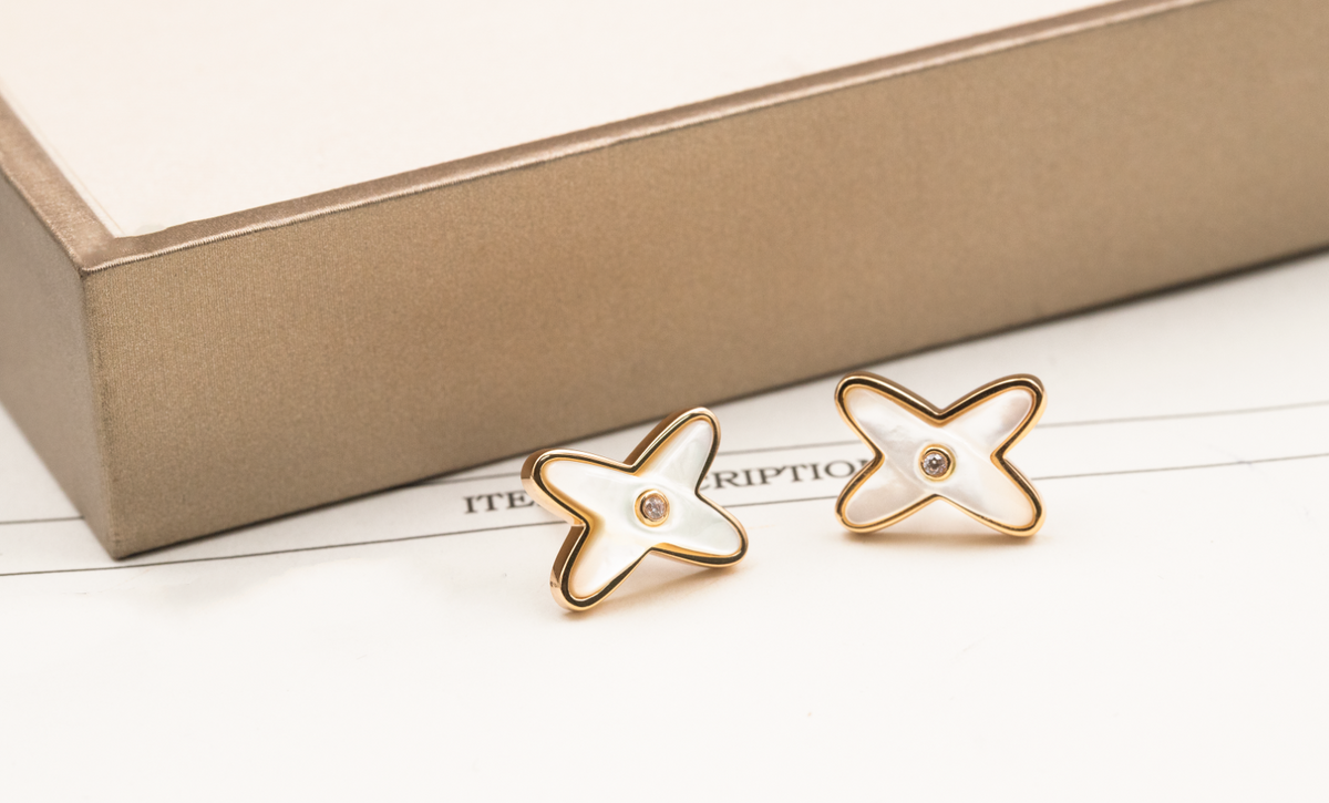 [⭐Corinne]JEUX DE WHITE MOP PINK GOLD DIAMOND EARRINGS