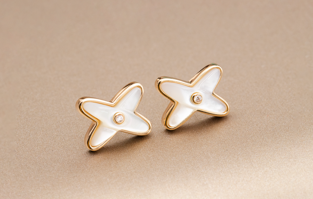 [⭐Corinne]JEUX DE WHITE MOP PINK GOLD DIAMOND EARRINGS