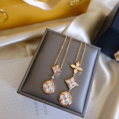 [⭐Corinne]COLOR BLOSSOM LARIAT NECKLACE PINK GOLD WHITE MOTHER PEARL AND DIAMOND