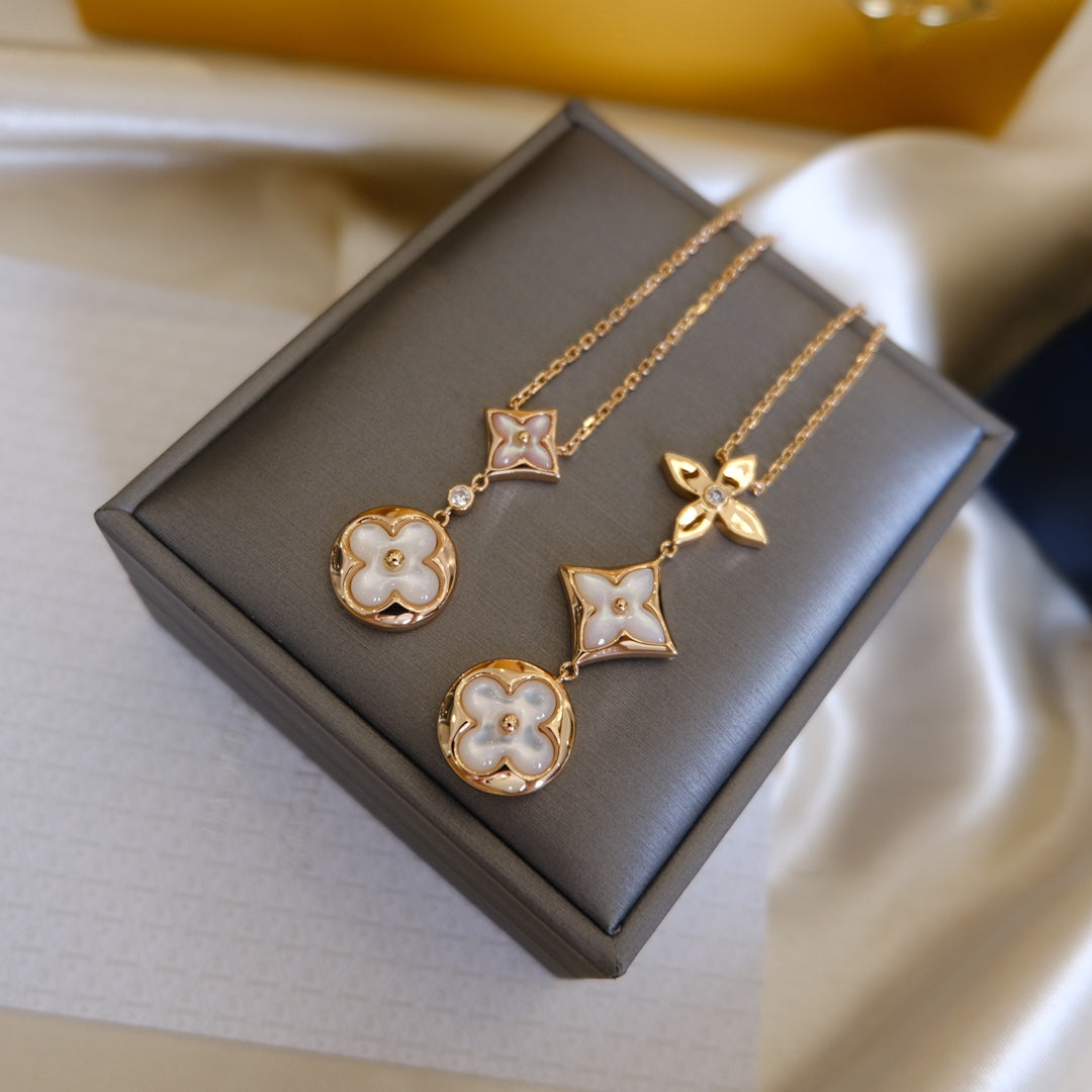[⭐Corinne]COLOR BLOSSOM LARIAT NECKLACE PINK GOLD WHITE MOTHER PEARL AND DIAMOND