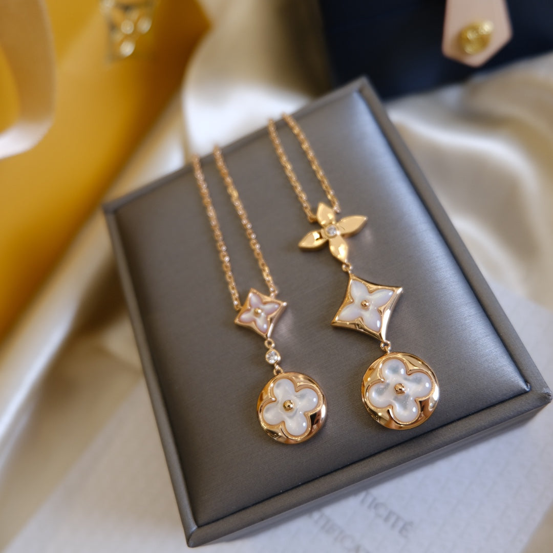 [⭐Corinne]COLOR BLOSSOM LARIAT NECKLACE PINK GOLD WHITE MOTHER PEARL AND DIAMOND