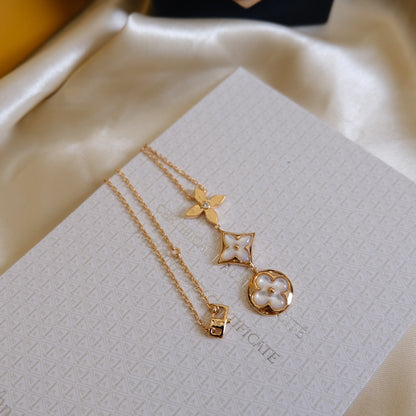 [⭐Corinne]COLOR BLOSSOM LARIAT NECKLACE PINK GOLD WHITE MOTHER PEARL AND DIAMOND