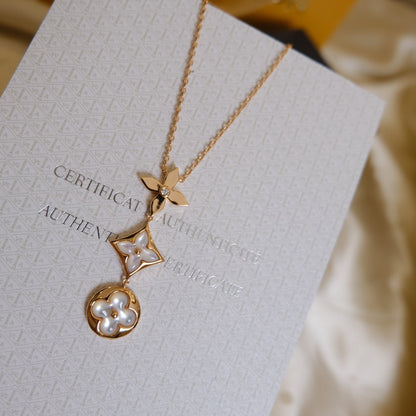 [⭐Corinne]COLOR BLOSSOM LARIAT NECKLACE PINK GOLD WHITE MOTHER PEARL AND DIAMOND