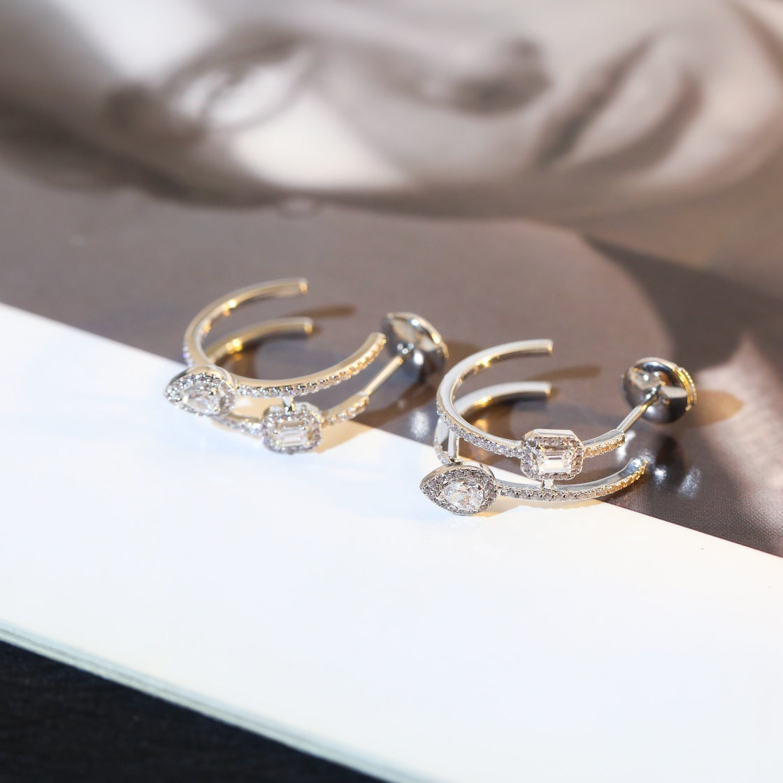 [⭐Corinne]CREOLES MY TWIN 2 RANGS SILVER DIAMOND EARRINGS