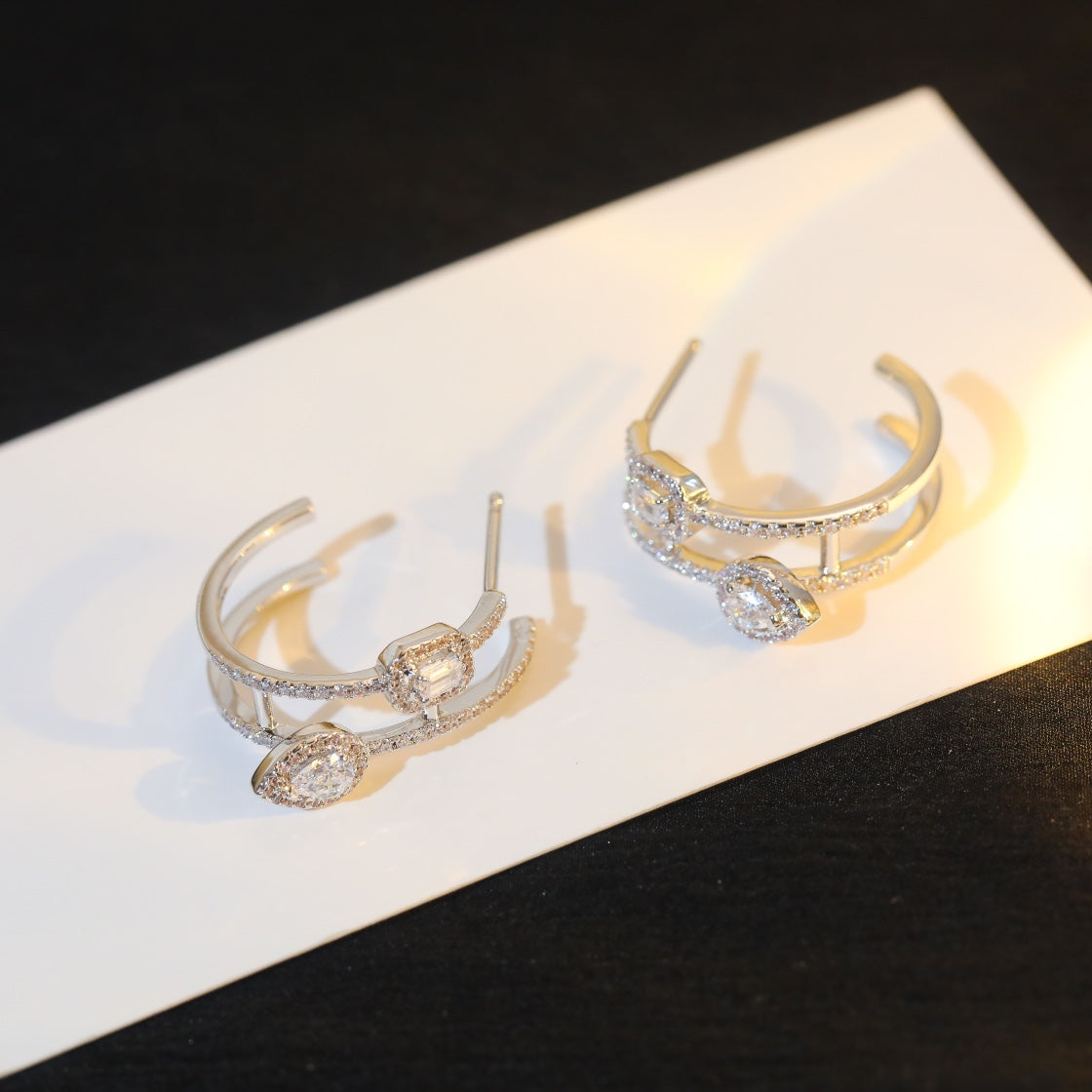 [⭐Corinne]CREOLES MY TWIN 2 RANGS SILVER DIAMOND EARRINGS
