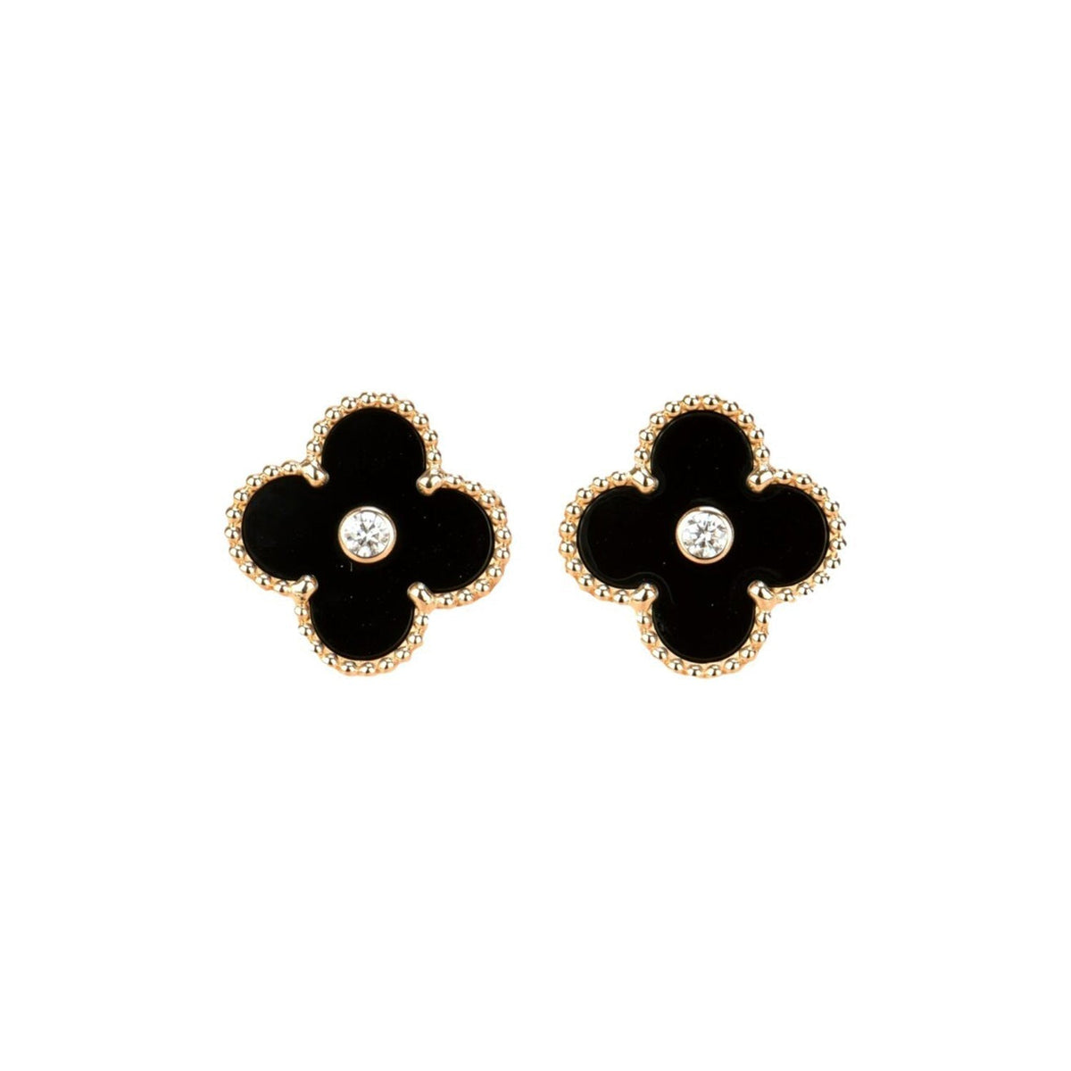 [⭐Corinne]CLOVER MEDIUM 1 MOTIFS ONYX DIAMOND EARRINGS