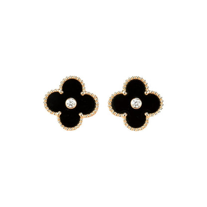 [⭐Corinne]CLOVER MEDIUM 1 MOTIFS ONYX DIAMOND EARRINGS