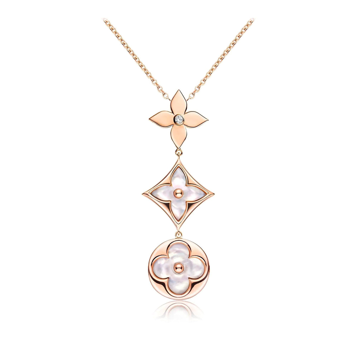 [⭐Corinne]COLOR BLOSSOM LARIAT NECKLACE PINK GOLD WHITE MOTHER PEARL AND DIAMOND