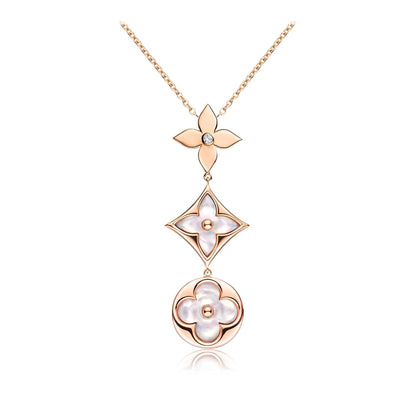 [⭐Corinne]COLOR BLOSSOM LARIAT NECKLACE PINK GOLD WHITE MOTHER PEARL AND DIAMOND