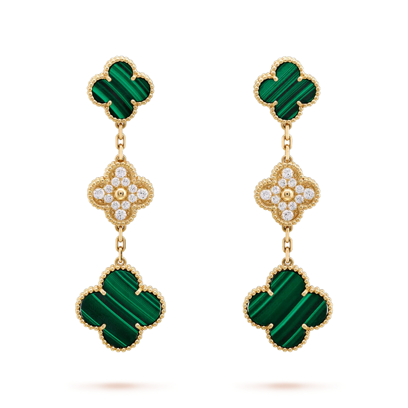 [⭐Corinne]CLOVER EARRINGS GOLD MALACHITE DIAMOND 3 MOTIF