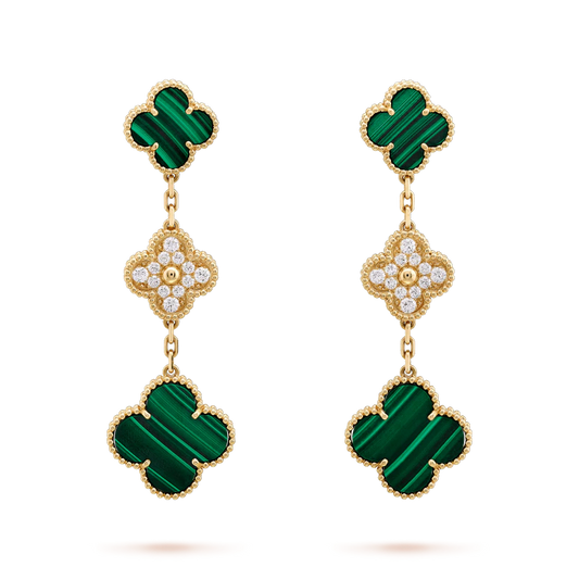[⭐Corinne]CLOVER EARRINGS GOLD MALACHITE DIAMOND 3 MOTIF