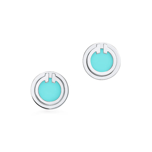 [Corinne]TURQUOISE CIRCLE WHITE GOLD EARRINGS