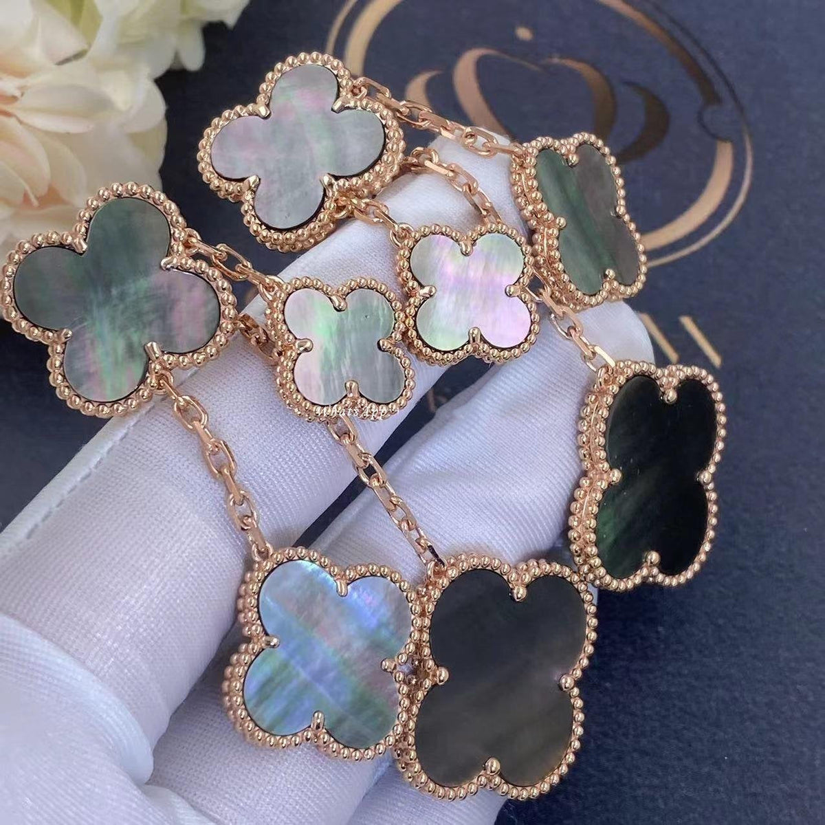 [⭐Corinne]CLOVER EARRINGS DARK MOP 4 MOTIFS ROSE GOLD