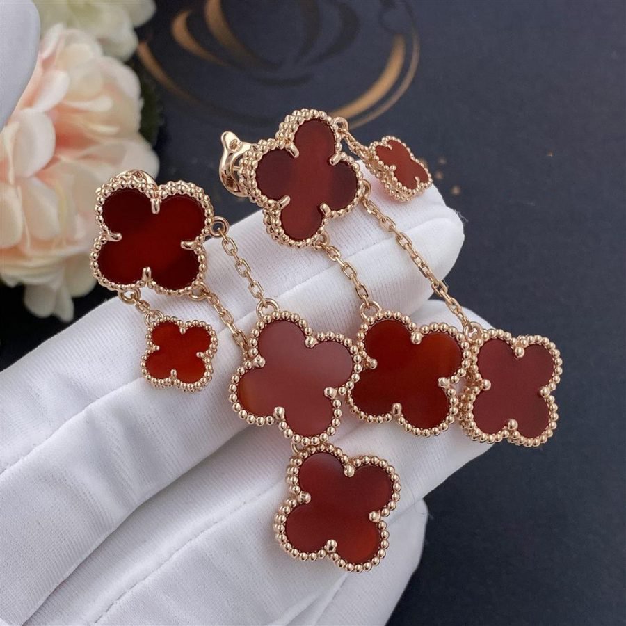 [⭐Corinne]CLOVER EARRINGS CARNELIAN 4 MOTIFS PINK GOLD