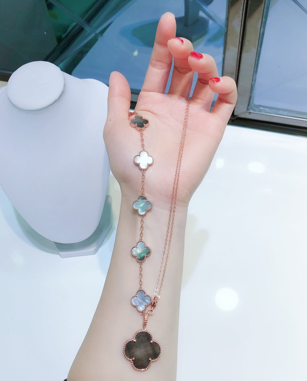 [⭐Corinne]COMBINED BRACELET 5 MOTIFS AND NECKLACE DARK MOP ROSE GOLD