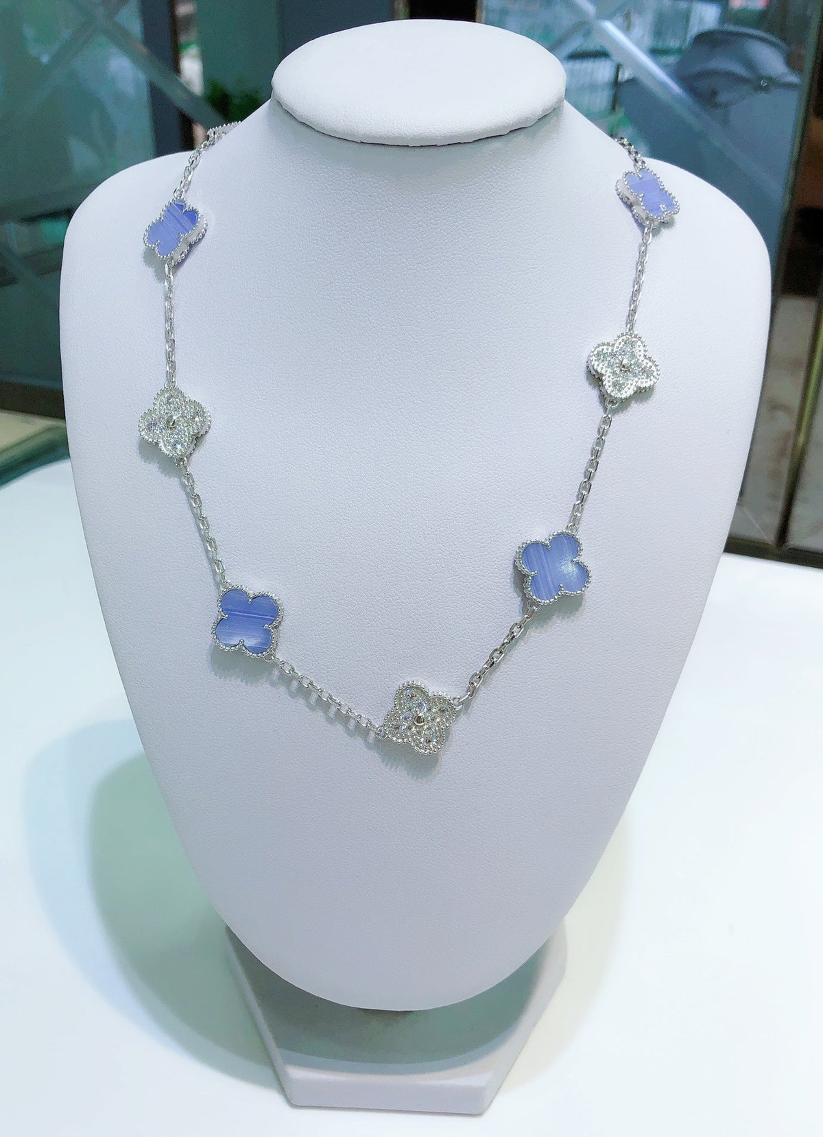 [⭐Corinne]CLOVER 10 MOTIFS CHALCEDONY DIAMONDS SILVER NECKLACE
