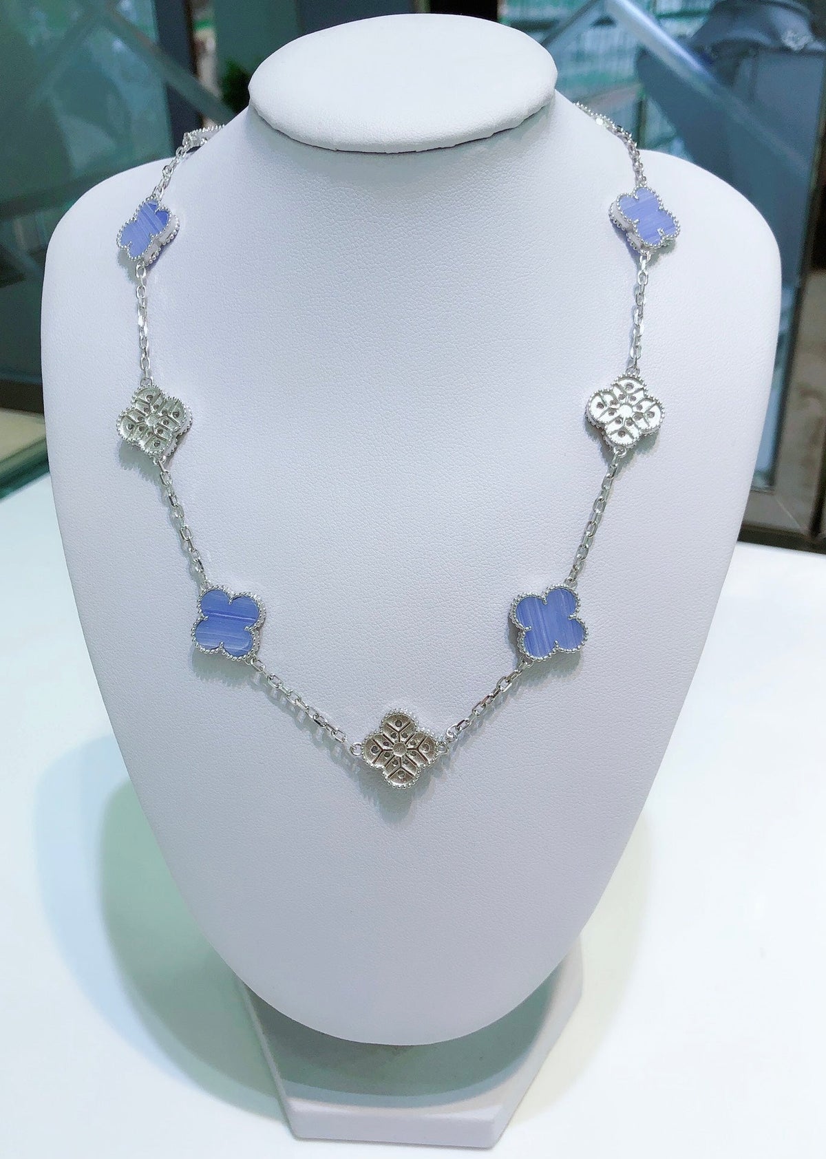 [⭐Corinne]CLOVER 10 MOTIFS CHALCEDONY DIAMONDS SILVER NECKLACE