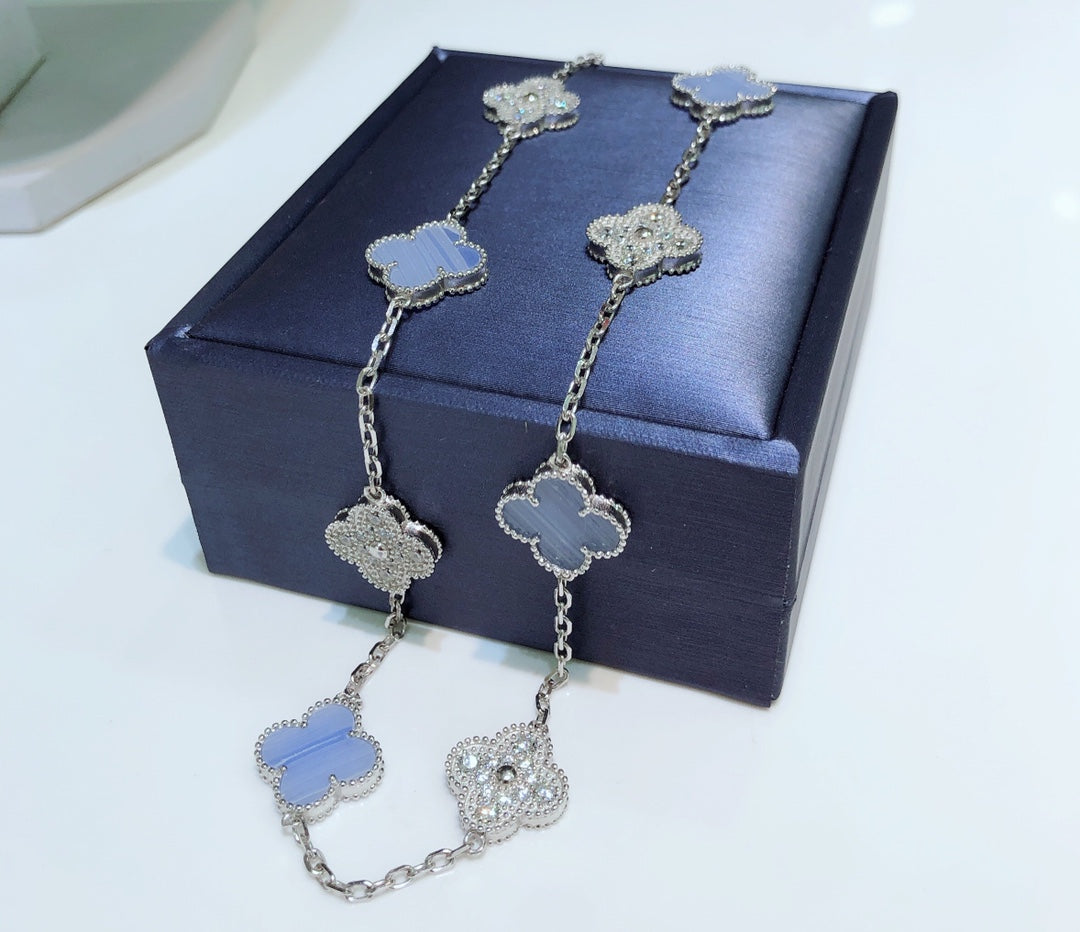 [⭐Corinne]CLOVER 10 MOTIFS CHALCEDONY DIAMONDS SILVER NECKLACE