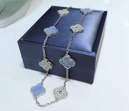 [⭐Corinne]CLOVER 10 MOTIFS CHALCEDONY DIAMONDS SILVER NECKLACE