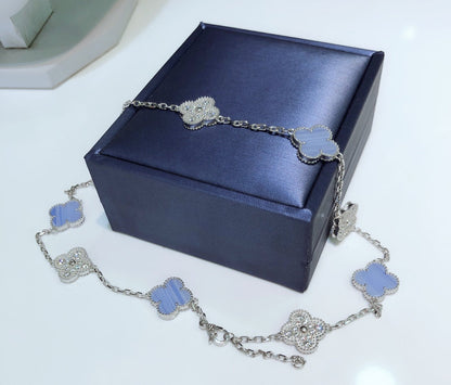 [⭐Corinne]CLOVER 10 MOTIFS CHALCEDONY DIAMONDS SILVER NECKLACE