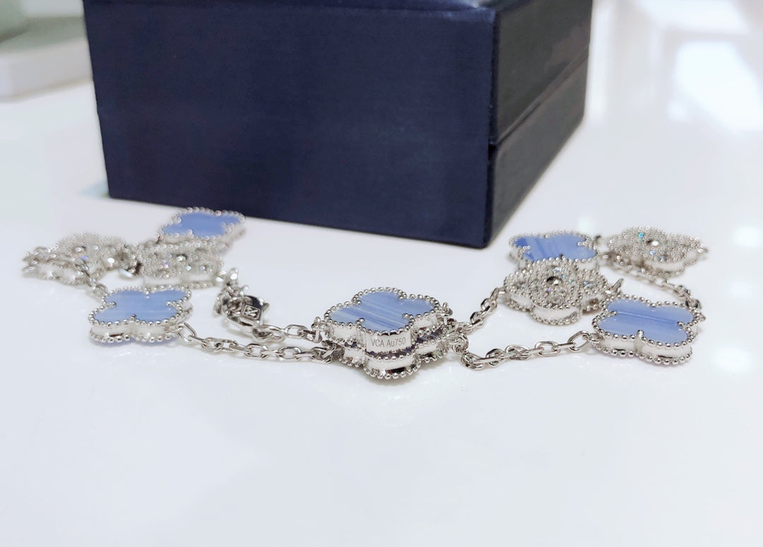 [⭐Corinne]CLOVER 10 MOTIFS CHALCEDONY DIAMONDS SILVER NECKLACE