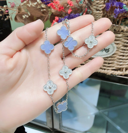 [⭐Corinne]CLOVER 10 MOTIFS CHALCEDONY DIAMONDS SILVER NECKLACE