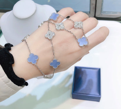 [⭐Corinne]CLOVER 10 MOTIFS CHALCEDONY DIAMONDS SILVER NECKLACE