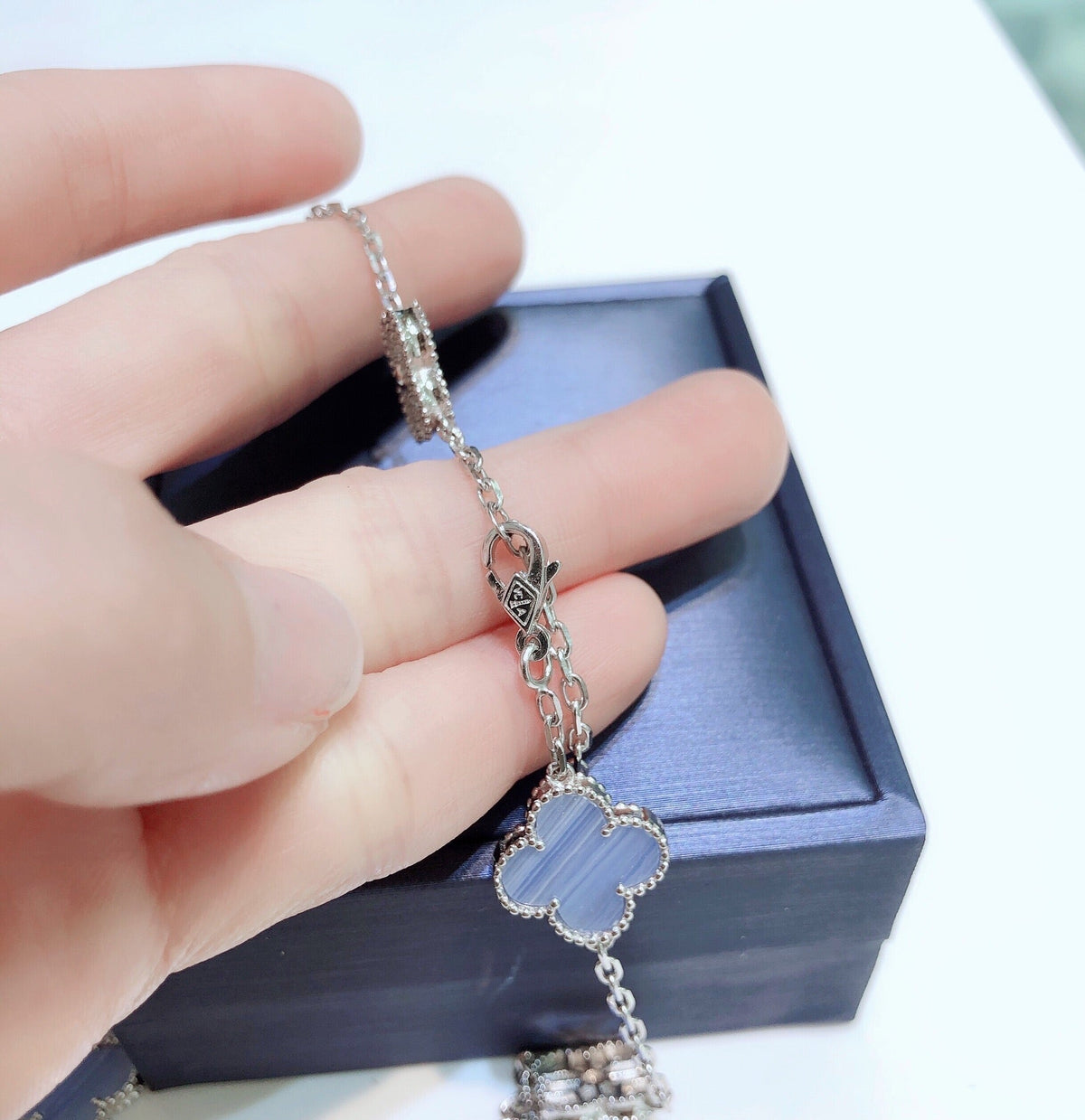 [⭐Corinne]CLOVER 10 MOTIFS CHALCEDONY DIAMONDS SILVER NECKLACE