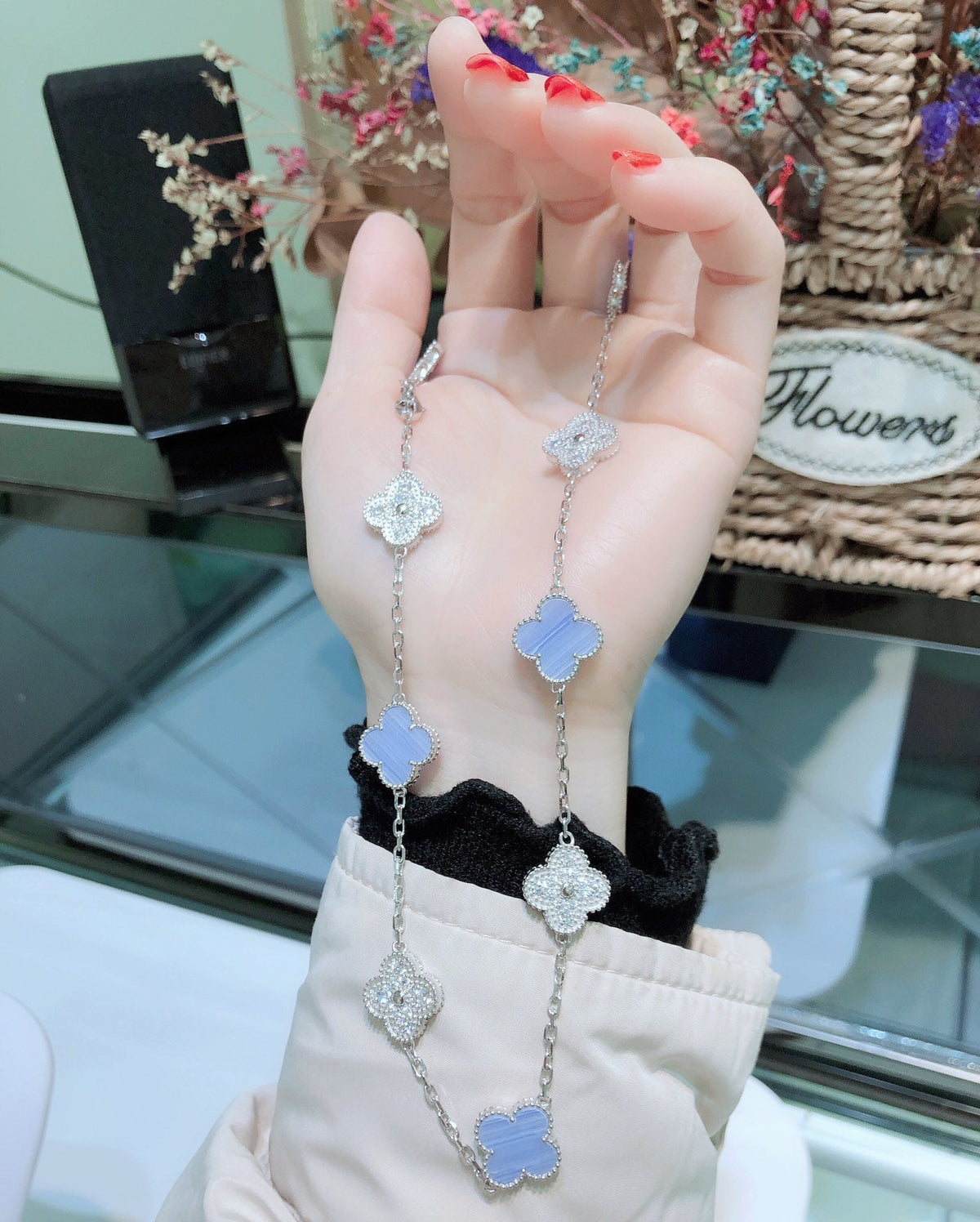 [⭐Corinne]CLOVER 10 MOTIFS CHALCEDONY DIAMONDS SILVER NECKLACE